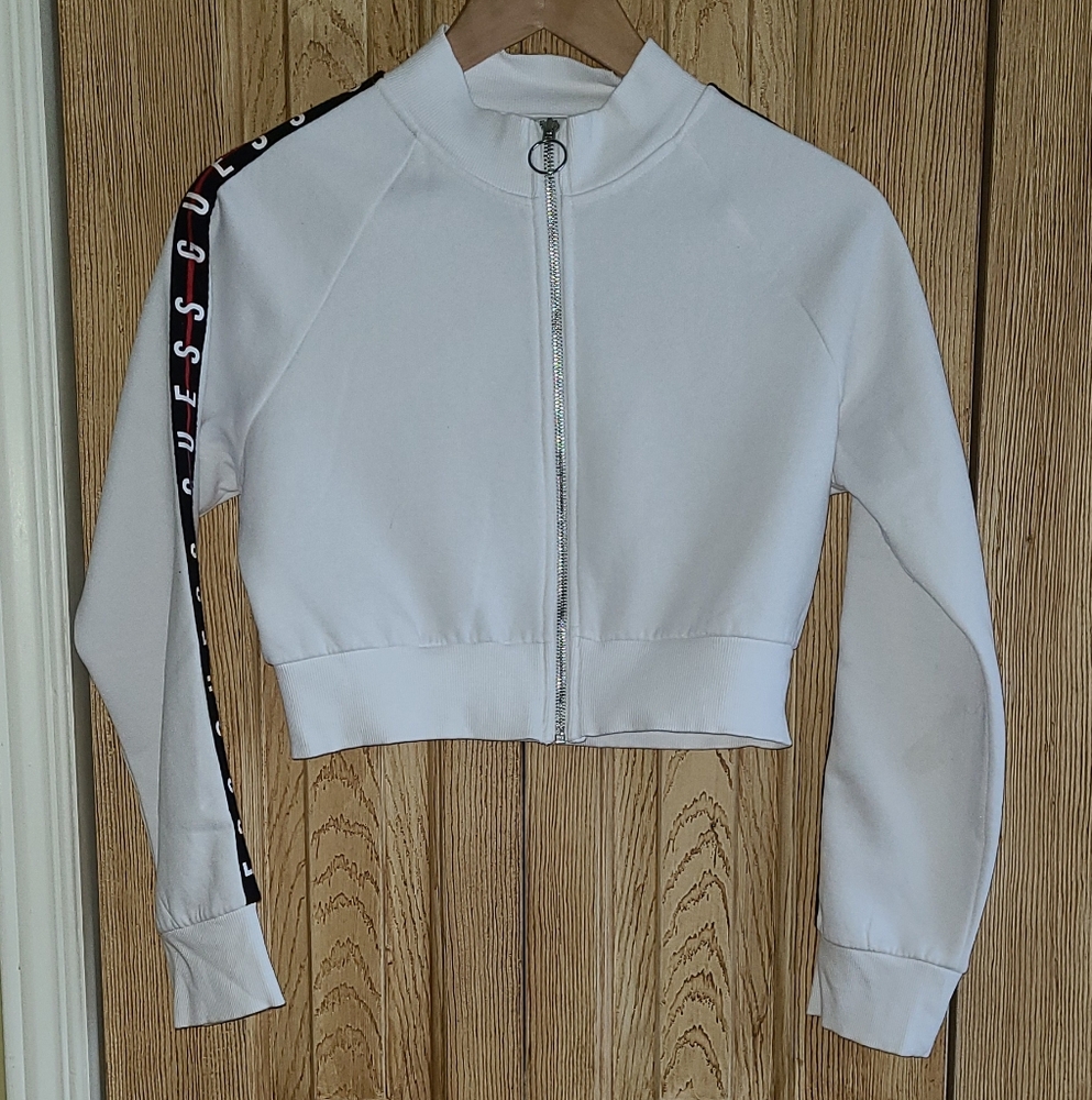 Guess White Zip-Up Jacket with Logo Sleeve